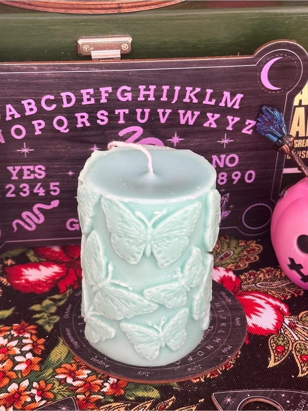 Butterfly Pillar Candle | Aqua Butterfly Candle | Cottagecore Decor